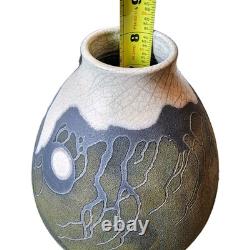 Vtg Raku Studio Iridescent Art Pottery Vase Vessel Signed Stunning Color