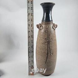 Vtg Richard Dick Lien Studio Pottery Vase Blue Glazed Neck Dual Handles 14