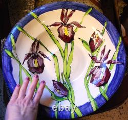 Vtg STUDIO ART POTTERY PLATTER BOWL Large 16 PURPLE IRIS FLOWERS Signed Dated