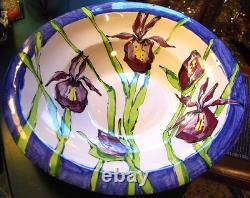 Vtg STUDIO ART POTTERY PLATTER BOWL Large 16 PURPLE IRIS FLOWERS Signed Dated