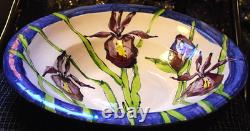 Vtg STUDIO ART POTTERY PLATTER BOWL Large 16 PURPLE IRIS FLOWERS Signed Dated