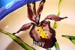 Vtg STUDIO ART POTTERY PLATTER BOWL Large 16 PURPLE IRIS FLOWERS Signed Dated