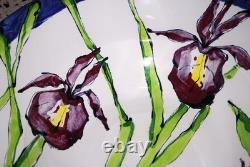 Vtg STUDIO ART POTTERY PLATTER BOWL Large 16 PURPLE IRIS FLOWERS Signed Dated