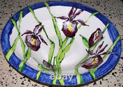 Vtg STUDIO ART POTTERY PLATTER BOWL Large 16 PURPLE IRIS FLOWERS Signed Dated