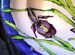 Vtg STUDIO ART POTTERY PLATTER BOWL Large 16 PURPLE IRIS FLOWERS Signed Dated
