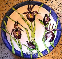 Vtg STUDIO ART POTTERY PLATTER BOWL Large 16 PURPLE IRIS FLOWERS Signed Dated