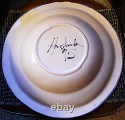 Vtg STUDIO ART POTTERY PLATTER BOWL Large 16 PURPLE IRIS FLOWERS Signed Dated