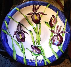 Vtg STUDIO ART POTTERY PLATTER BOWL Large 16 PURPLE IRIS FLOWERS Signed Dated