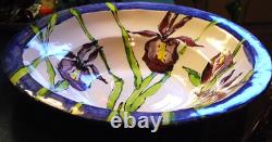 Vtg STUDIO ART POTTERY PLATTER BOWL Large 16 PURPLE IRIS FLOWERS Signed Dated