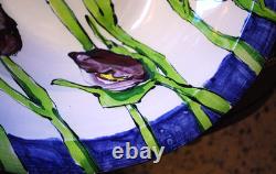 Vtg STUDIO ART POTTERY PLATTER BOWL Large 16 PURPLE IRIS FLOWERS Signed Dated