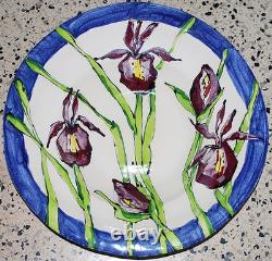 Vtg STUDIO ART POTTERY PLATTER BOWL Large 16 PURPLE IRIS FLOWERS Signed Dated