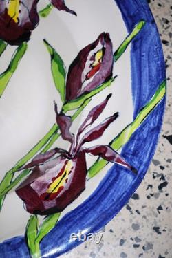 Vtg STUDIO ART POTTERY PLATTER BOWL Large 16 PURPLE IRIS FLOWERS Signed Dated