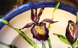 Vtg STUDIO ART POTTERY PLATTER BOWL Large 16 PURPLE IRIS FLOWERS Signed Dated