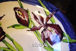 Vtg STUDIO ART POTTERY PLATTER BOWL Large 16 PURPLE IRIS FLOWERS Signed Dated
