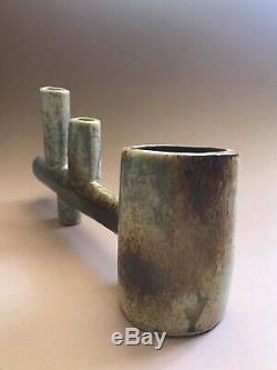 Vtg Signed Japanese Studio Pottery Abstract Ikebana Vase Mid Century Brutalist