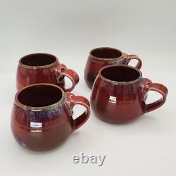 Vtg Signed Oxblood Red Studio Crafted Ceramic Pottery Mugs Set (4)