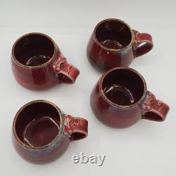 Vtg Signed Oxblood Red Studio Crafted Ceramic Pottery Mugs Set (4)