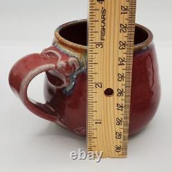 Vtg Signed Oxblood Red Studio Crafted Ceramic Pottery Mugs Set (4)