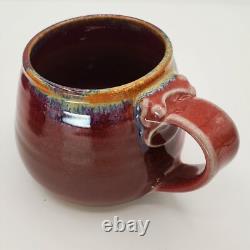 Vtg Signed Oxblood Red Studio Crafted Ceramic Pottery Mugs Set (4)
