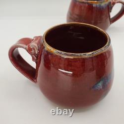 Vtg Signed Oxblood Red Studio Crafted Ceramic Pottery Mugs Set (4)