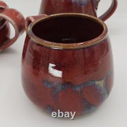 Vtg Signed Oxblood Red Studio Crafted Ceramic Pottery Mugs Set (4)