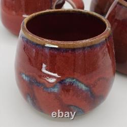 Vtg Signed Oxblood Red Studio Crafted Ceramic Pottery Mugs Set (4)