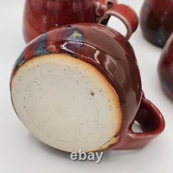 Vtg Signed Oxblood Red Studio Crafted Ceramic Pottery Mugs Set (4)