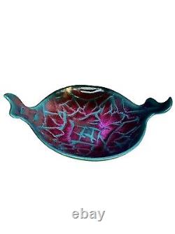 Vtg Signed Potter's Brown Edom TX Art Studio 2 Handled Bowl Magenta Teal Mosaic