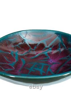 Vtg Signed Potter's Brown Edom TX Art Studio 2 Handled Bowl Magenta Teal Mosaic