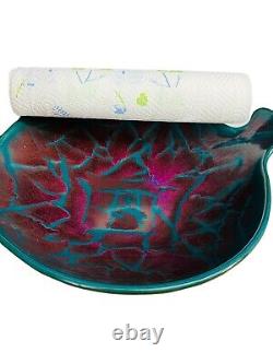 Vtg Signed Potter's Brown Edom TX Art Studio 2 Handled Bowl Magenta Teal Mosaic