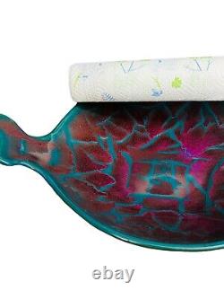 Vtg Signed Potter's Brown Edom TX Art Studio 2 Handled Bowl Magenta Teal Mosaic