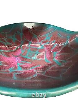 Vtg Signed Potter's Brown Edom TX Art Studio 2 Handled Bowl Magenta Teal Mosaic