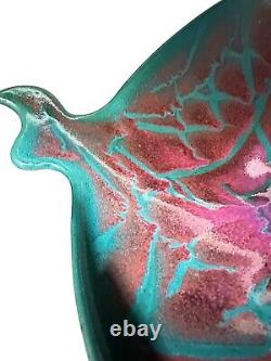 Vtg Signed Potter's Brown Edom TX Art Studio 2 Handled Bowl Magenta Teal Mosaic