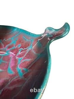 Vtg Signed Potter's Brown Edom TX Art Studio 2 Handled Bowl Magenta Teal Mosaic