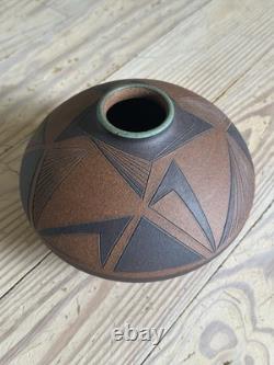 Vtg Steve Dominguez California Studio Pottery Incised Vase Pot Stoneware Pot