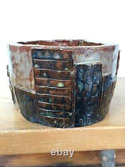 Vtg Studio Art Pottery Brutalist Style Skyline Brown Glazed Planter Pot Signed