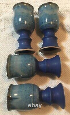 Vtg Studio Art Pottery Lot Of 4 Wine Goblets Blue Stoneware Signed Drip Glaze