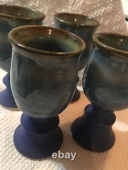 Vtg Studio Art Pottery Lot Of 4 Wine Goblets Blue Stoneware Signed Drip Glaze