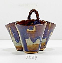 Vtg Studio Art Pottery Triple Dish 8 Handle Glaze Stoneware Rare Collector USA