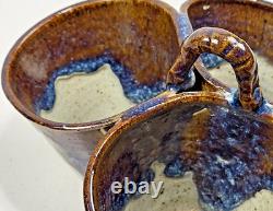 Vtg Studio Art Pottery Triple Dish Handle 8 Glaze Stoneware Rare Collector USA