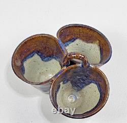 Vtg Studio Art Pottery Triple Dish Handle 8 Glaze Stoneware Rare Collector USA