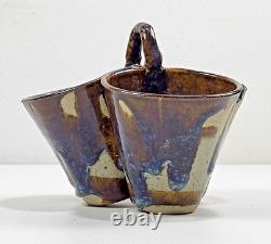 Vtg Studio Art Pottery Triple Dish Handle 8 Glaze Stoneware Rare Collector USA