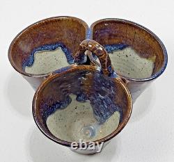 Vtg Studio Art Pottery Triple Dish Handle 8 Glaze Stoneware Rare Collector USA