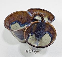 Vtg Studio Art Pottery Triple Dish Handle 8 Glaze Stoneware Rare Collector USA
