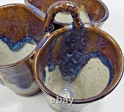 Vtg Studio Art Pottery Triple Dish Handle 8 Glaze Stoneware Rare Collector USA