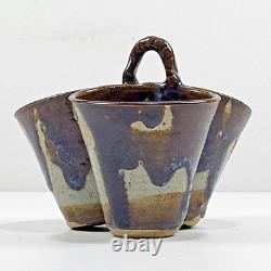 Vtg Studio Art Pottery Triple Dish Handle 8 Glaze Stoneware Rare Collector USA
