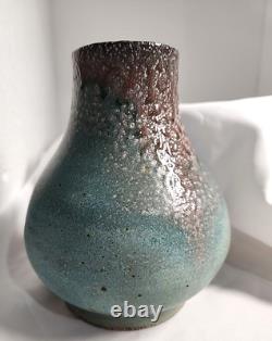 Vtg Studio Art Pottery Vase Blue Teal Red drip Glaze SIGNED FA ID HELP PLEASE 6