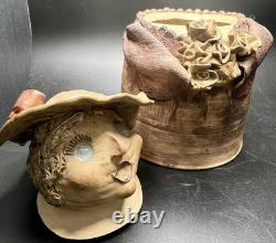 Vtg studio pottery stoneware Woman Head Is Lid signed L Hutchison