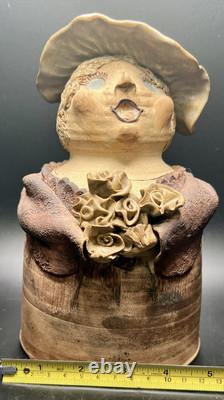 Vtg studio pottery stoneware Woman Head Is Lid signed L Hutchison