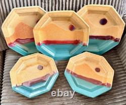Walt Glass Texas Sunset Signed Pottery 5 Piece Plate Set Vintage Studio Art 1991